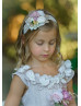 Cap Sleeve Oyster Tulle Flower Girl Dress With 3D Flowers